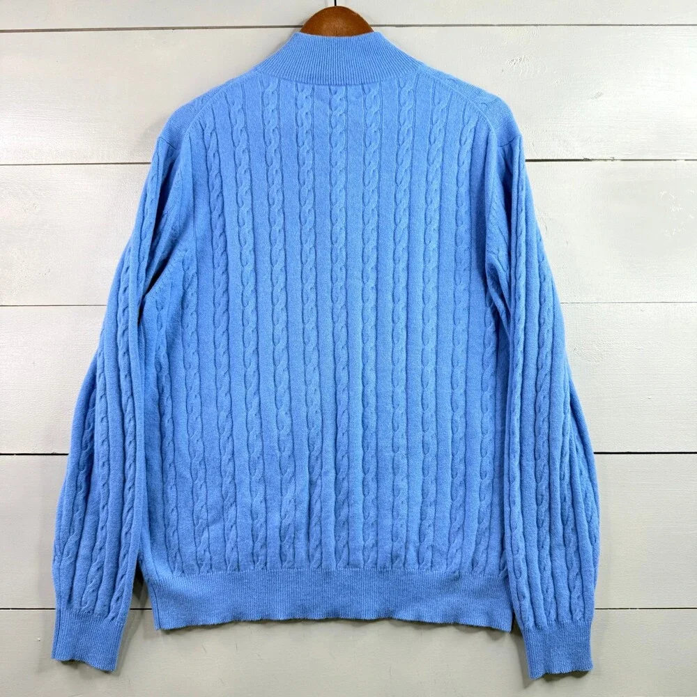 Neiman Marcus Sweater Mens Large Blue Cashmere Quarter Zip Cable Knit